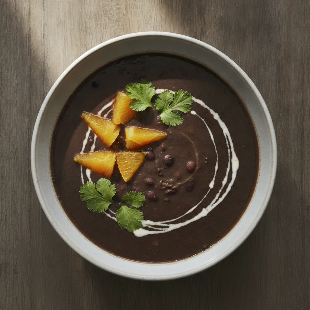 Sopa de feijao-preto com laranja e cominho