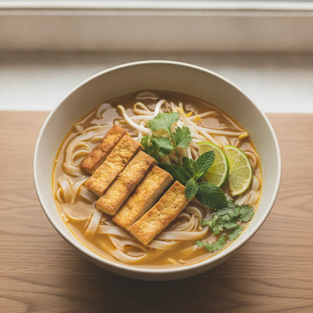 Sopa vietnamita de macarrao de arroz com tofu e limão