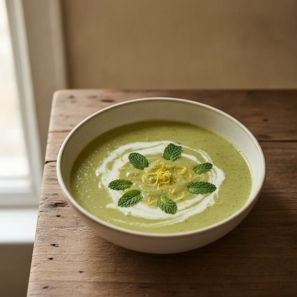 Sopa de abobrinha com hortela e limão siciliano