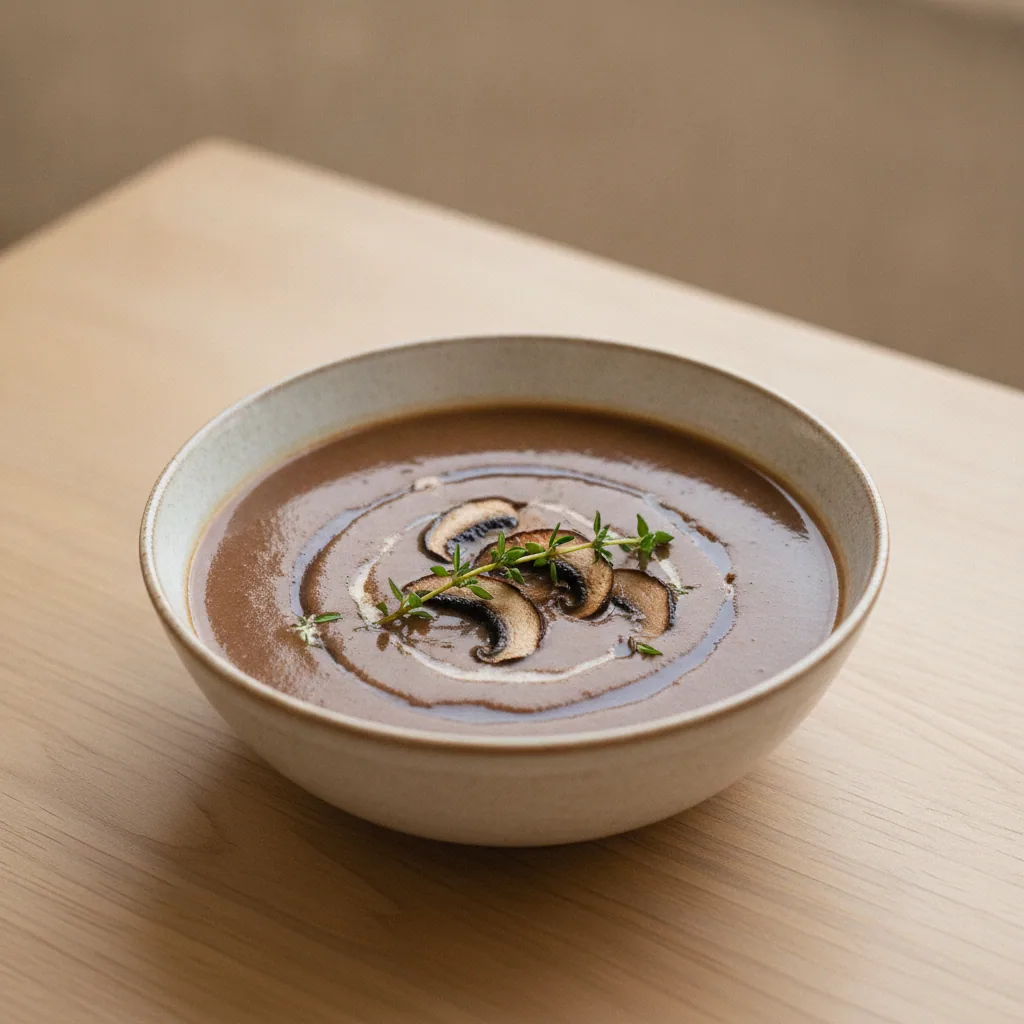 Sopa de cogumelo-portobello com vinho tinto e tomilho