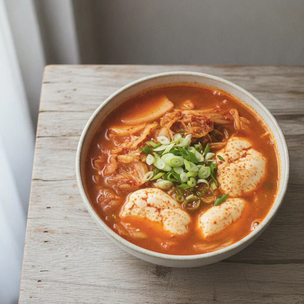 Sopa coreana de tofu macio com kimchi e cebolinha