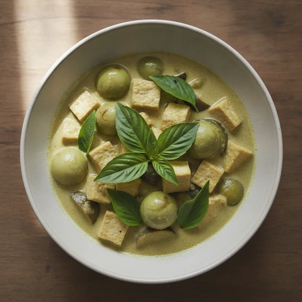 Curry verde tailandes de berinjela e tofu