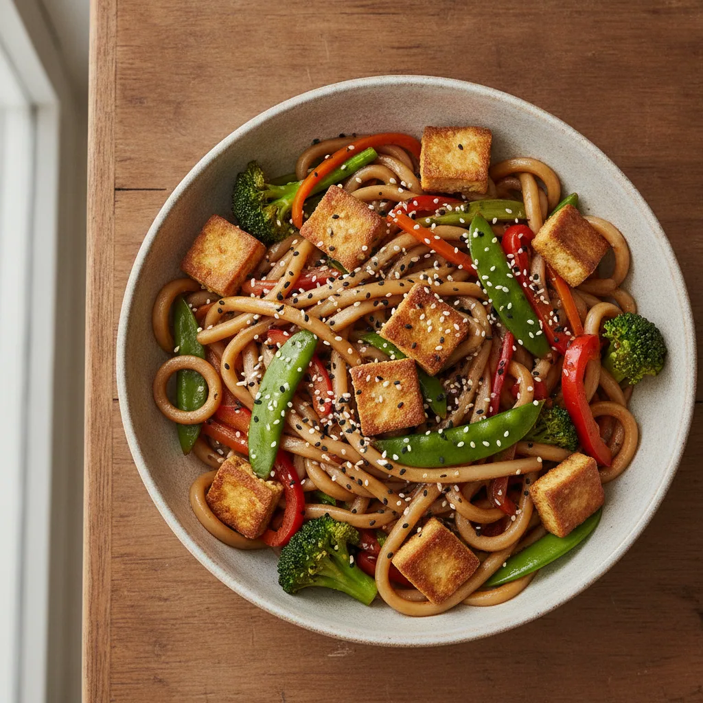 Macarrão udon com tofu crocante e legumes no wok