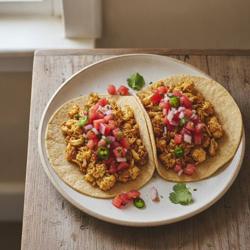 Tacos de couve-flor desfiada com pico de gallo