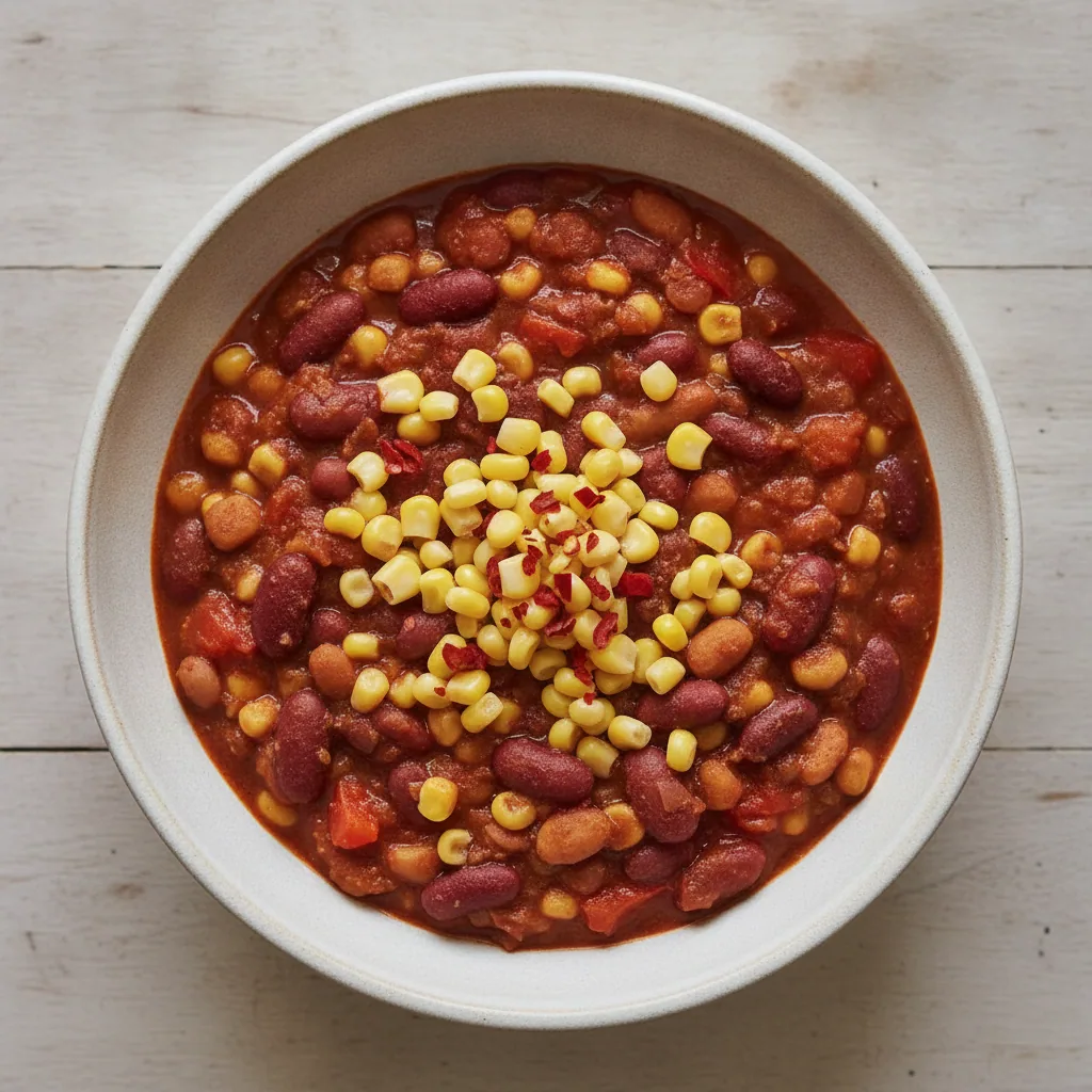 Chili de três feijões com milho e pimentão