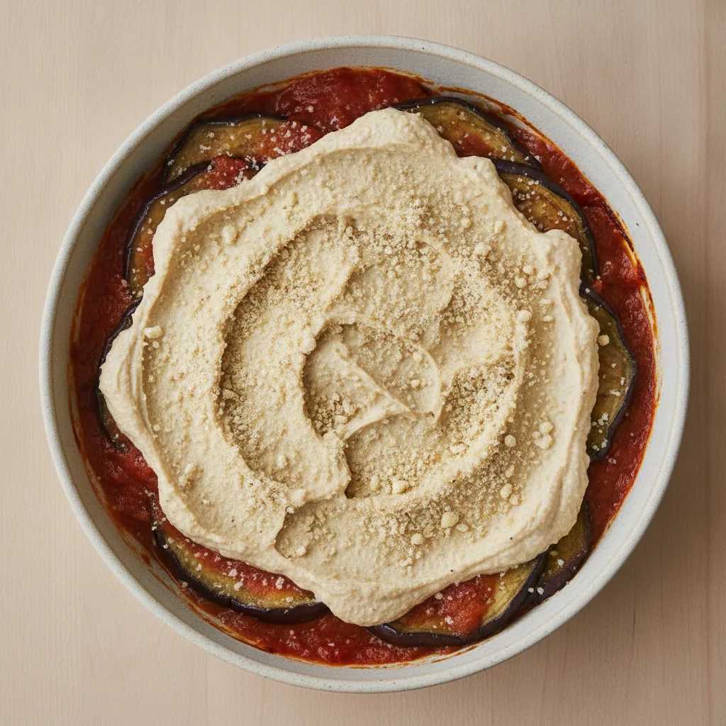 Berinjela à parmegiana vegana com creme de castanha