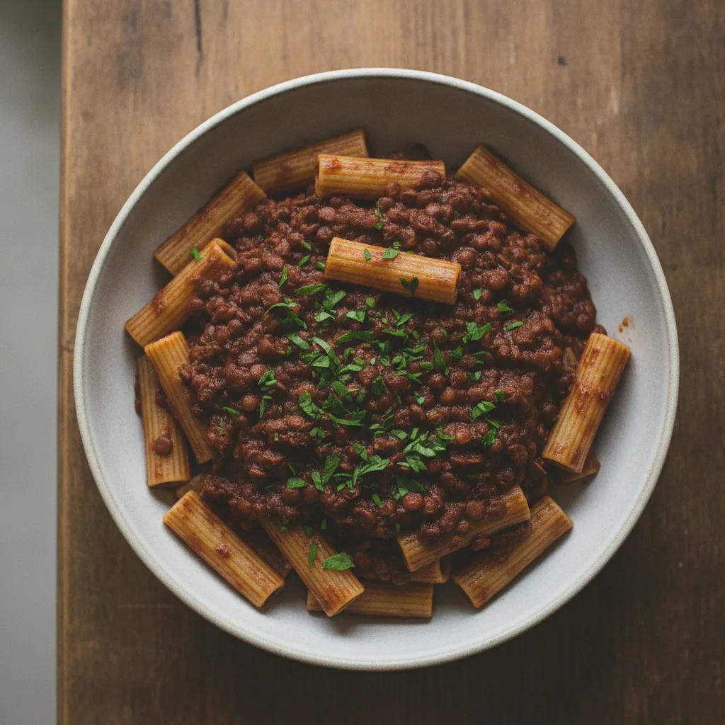 Rigatoni ao ragu de lentilha e vinho tinto