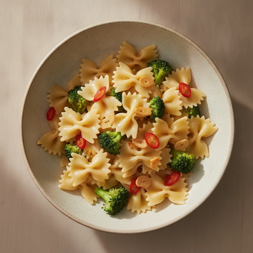 Farfalle com brócolis, alho e pimenta