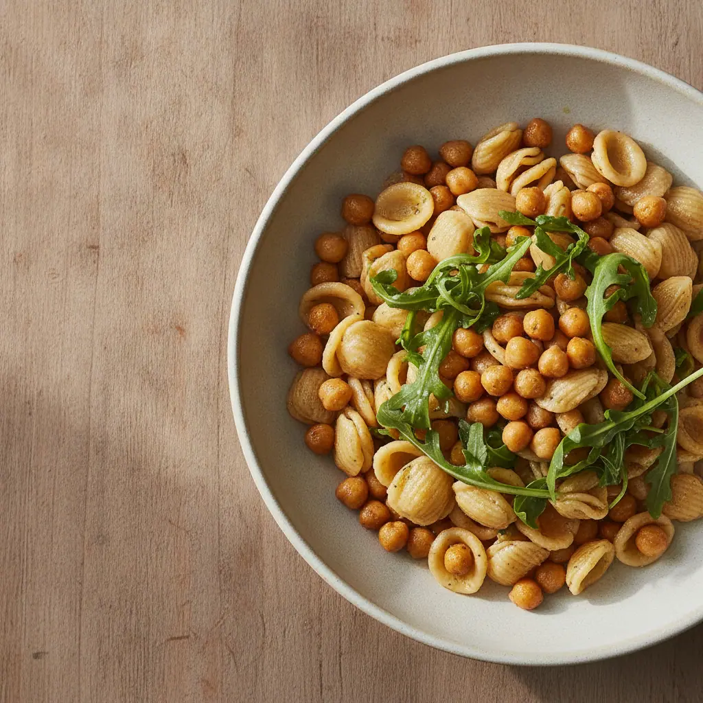 Orecchiette com grão-de-bico e rúcula