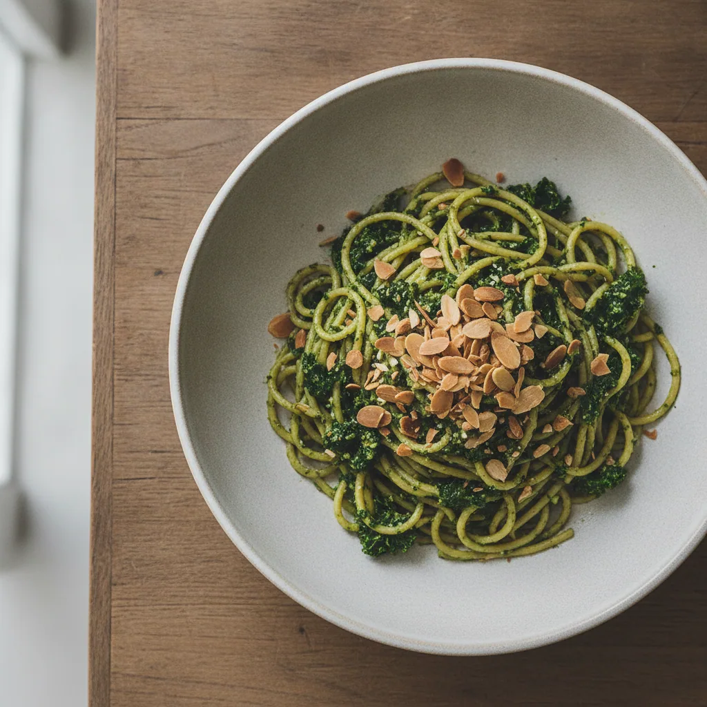 Espaguete ao pesto de couve e amêndoa