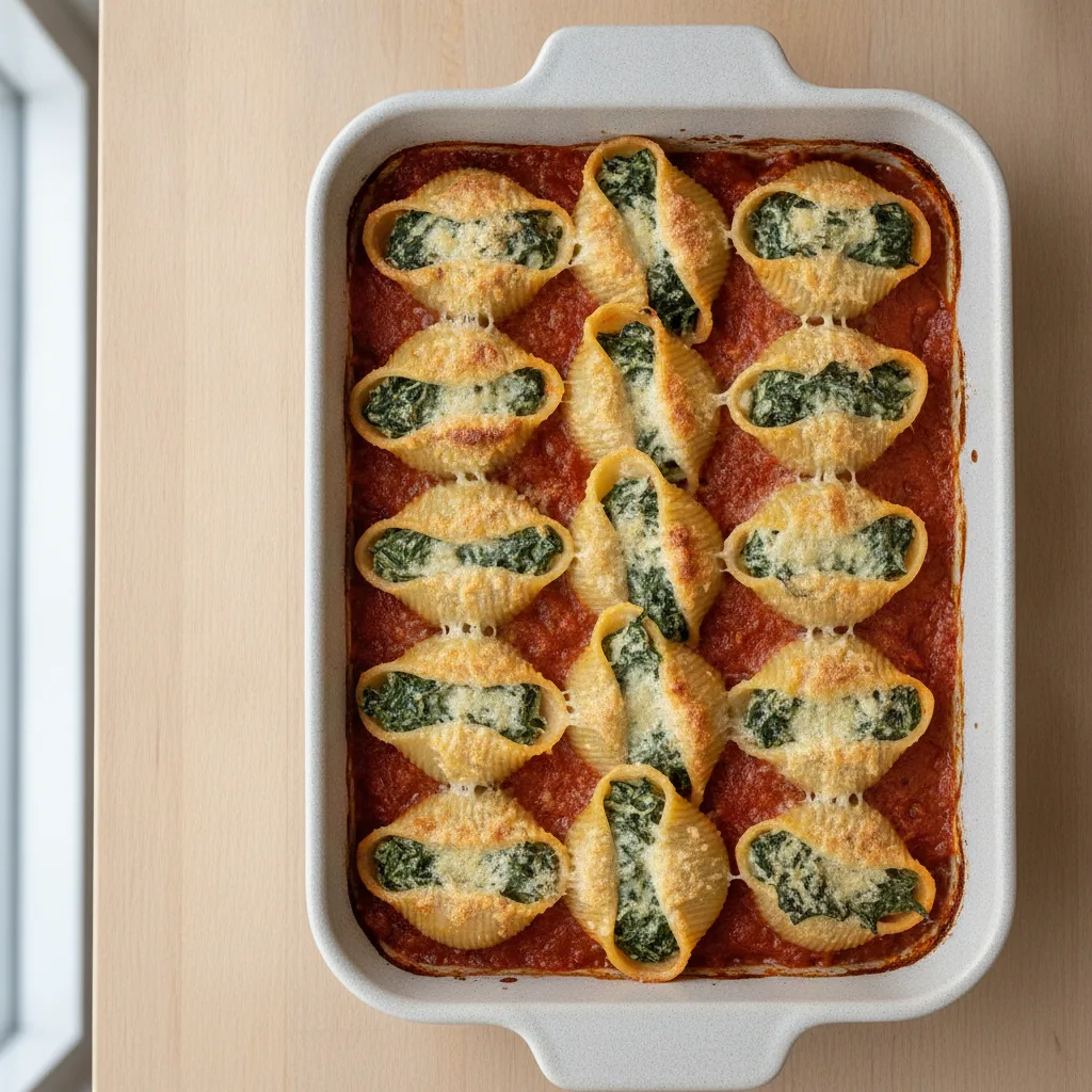 Conchiglie recheado de espinafre e queijo de castanha