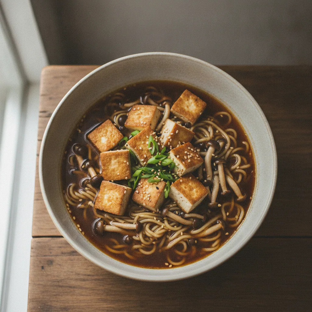 Lámen vegetal com tofu e cogumelos shimeji