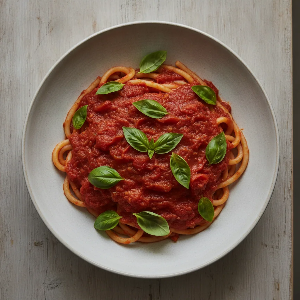 Bucatini com molho de tomate assado e manjericão