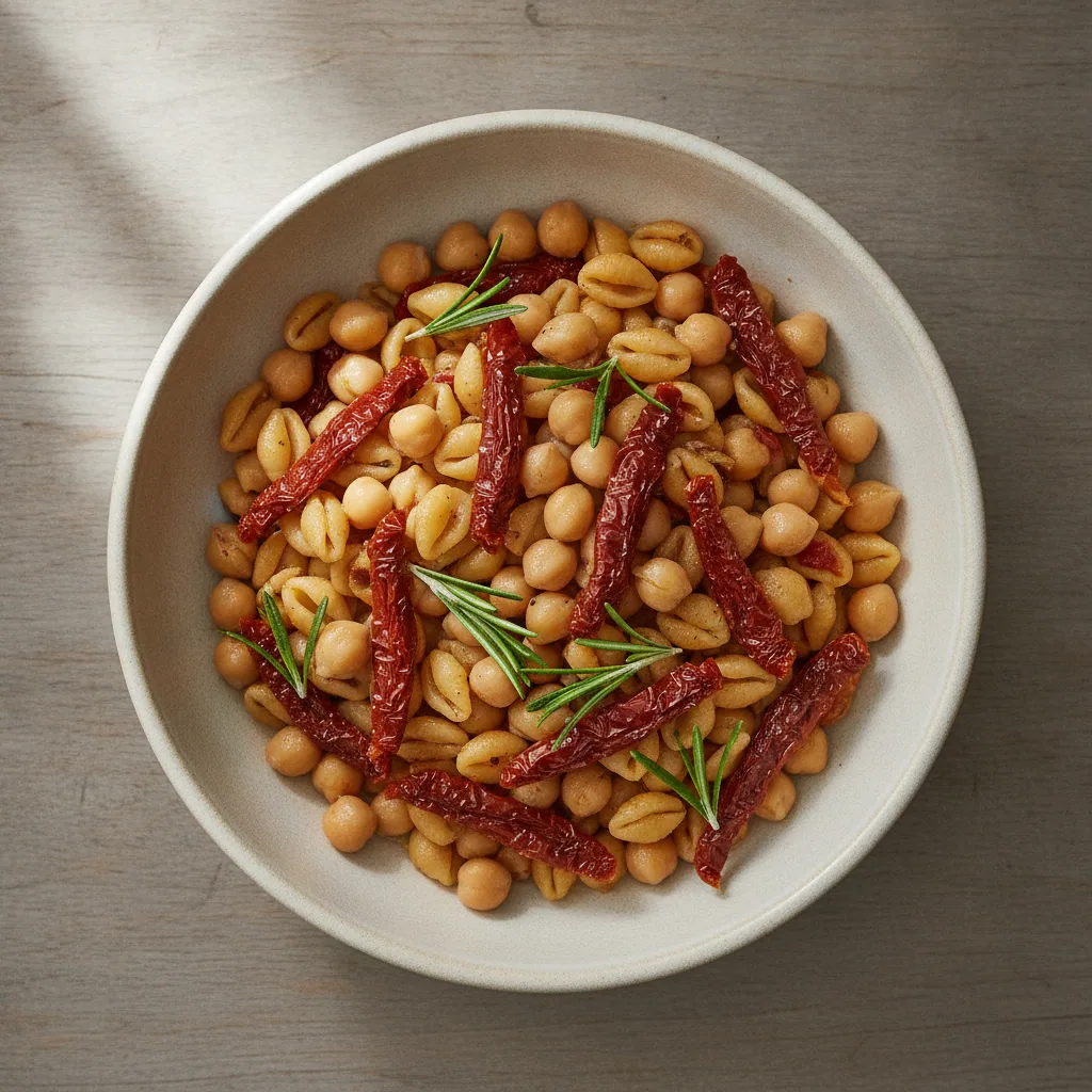 Massa curta com grão-de-bico, tomate seco e alecrim