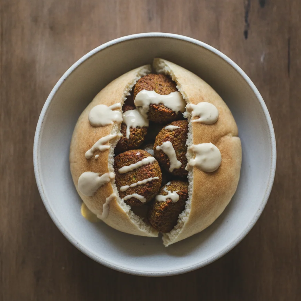 Falafel assado com pão sírio e tahine