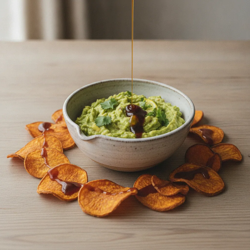 Guacamole com chips de batata-doce assados