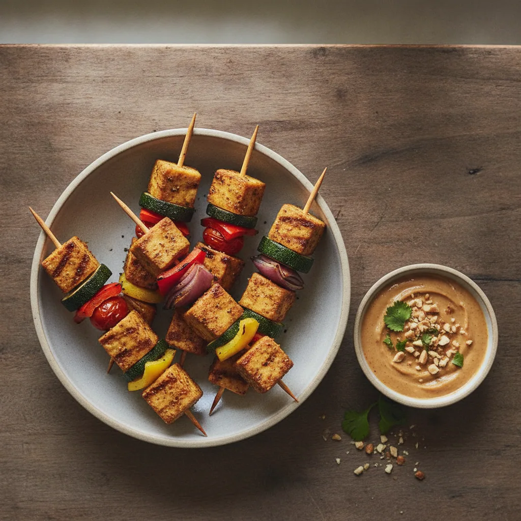 Espetinho assado de tofu e legumes com molho de amendoim