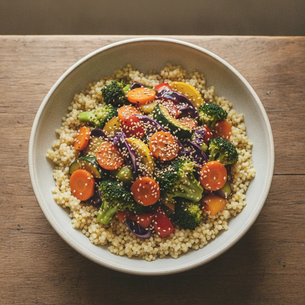 Bowl de painço com legumes salteados e gergelim