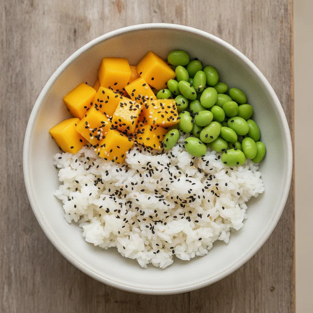 Poke bowl de manga e edamame com arroz de sushi