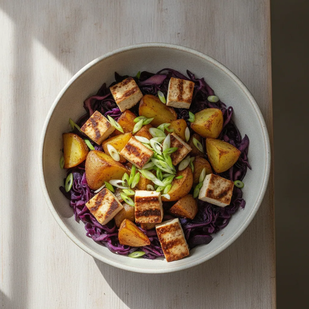 Bowl de repolho fermentado com batata assada e tofu grelhado