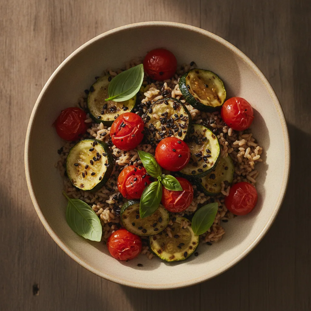 Bowl de arroz sete cereais com abobrinha e tomate confitado