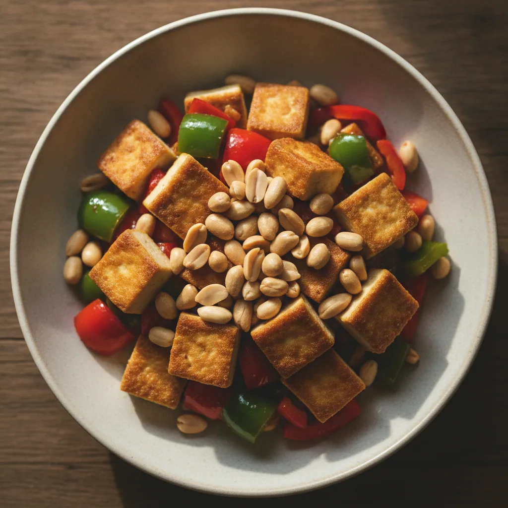 Bowl de tofu xadrez com amendoim e pimentão