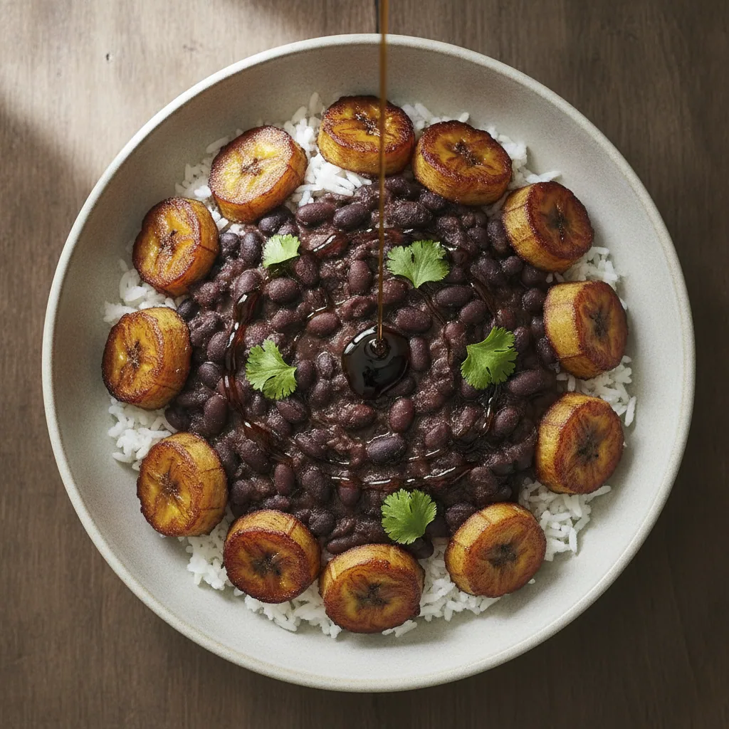 Bowl de feijao preto cubano com arroz e banana frita