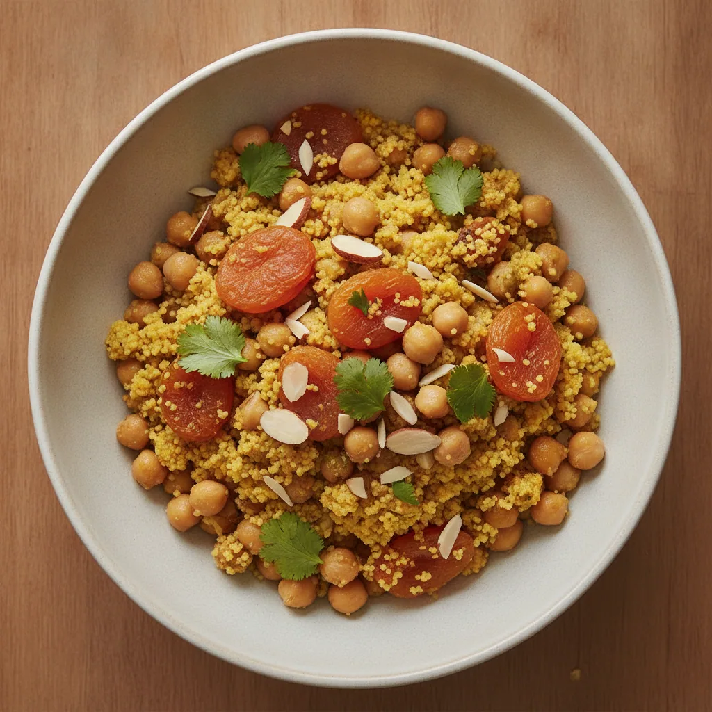 Bowl marroquino de grão-de-bico com damasco e cuscuz