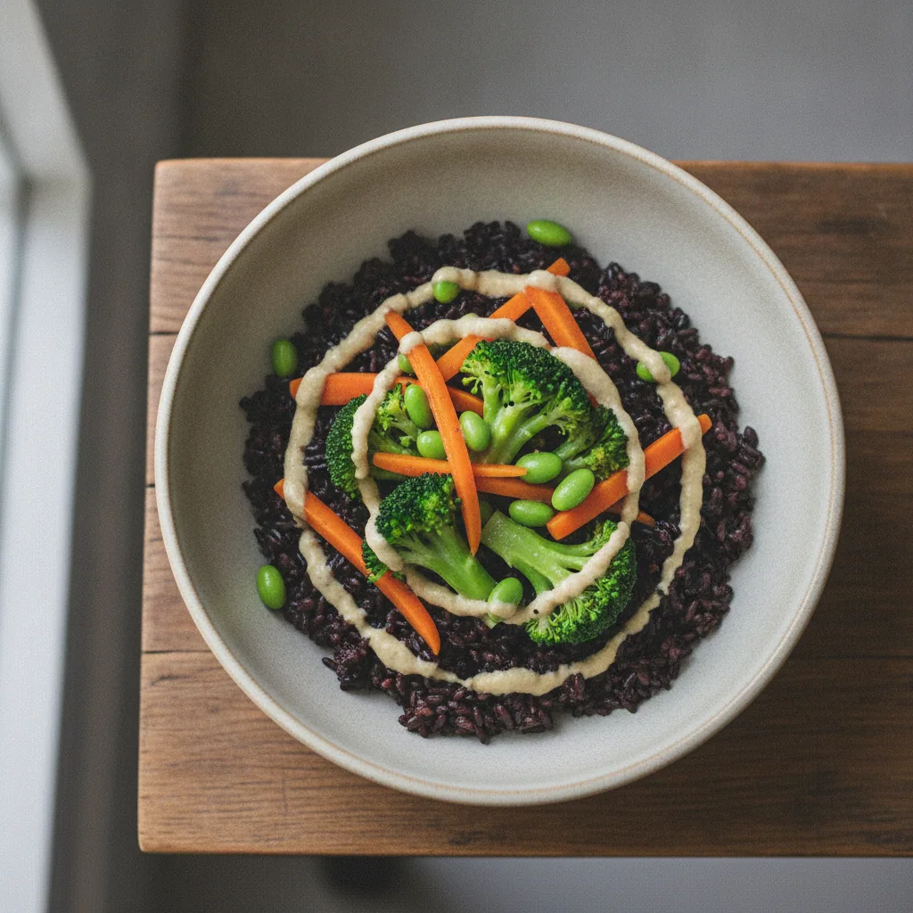 Bowl de arroz negro com legumes ao vapor e molho de missô