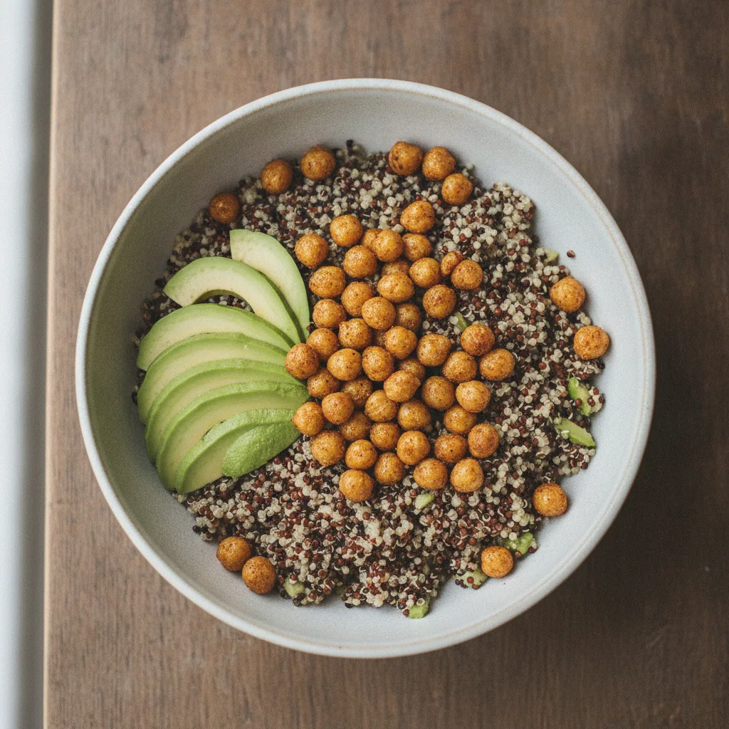 Bowl de quinoa tricolor com abacate e grão-de-bico crocante