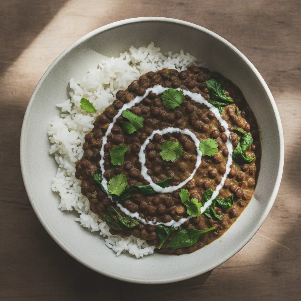 Bowl indiano de lentilha preta com arroz e espinafre