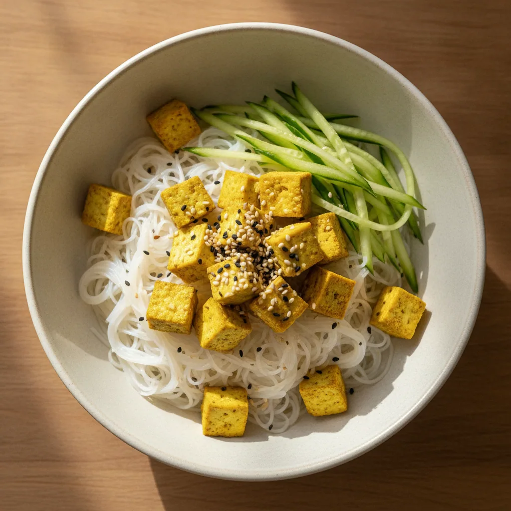 Bowl de macarrão de arroz frio com pepino e tofu ao curry
