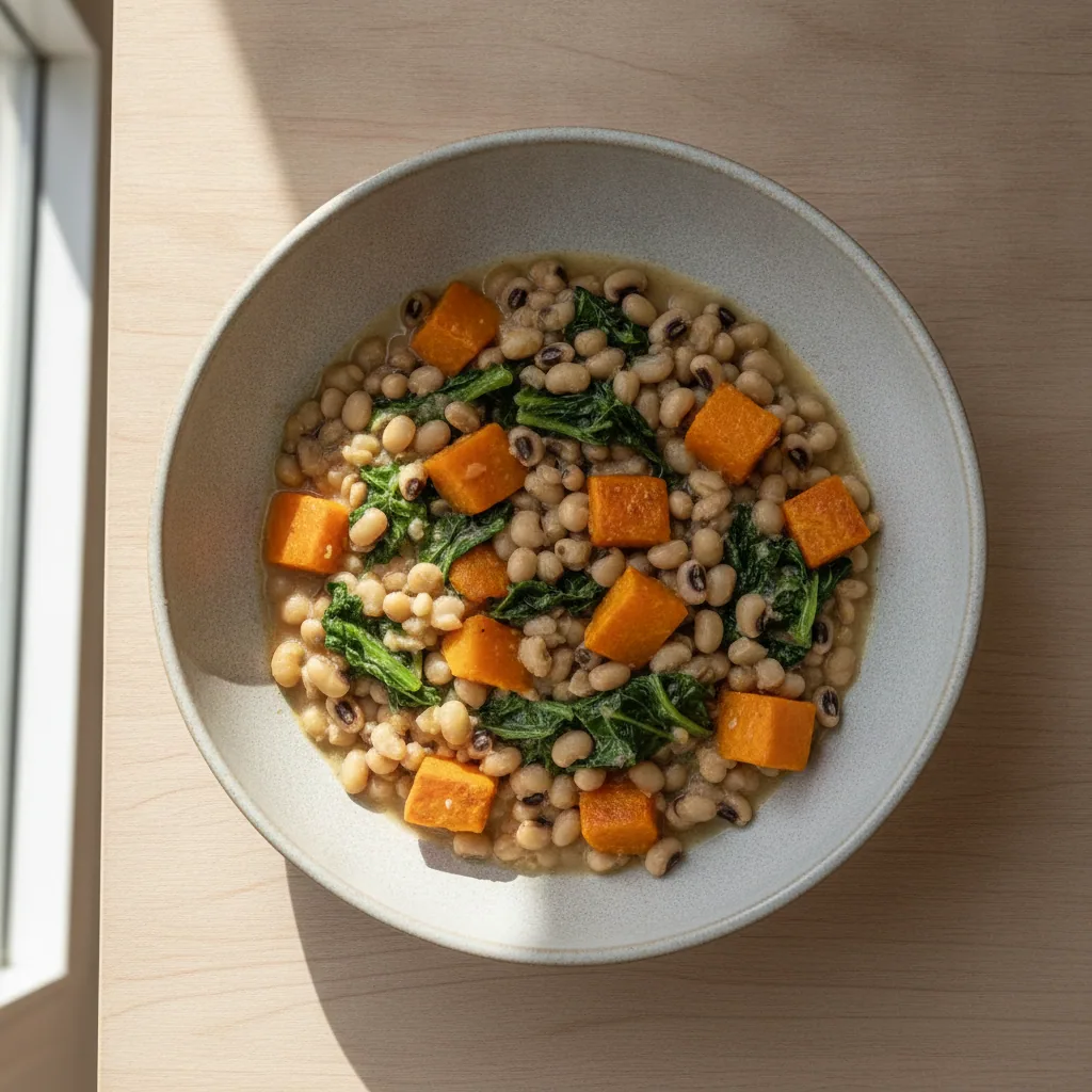 Bowl de feijão fradinho com abóbora assada e couve