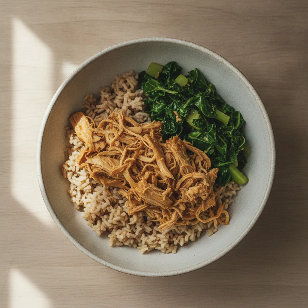 Bowl de arroz integral com jaca desfiada e couve