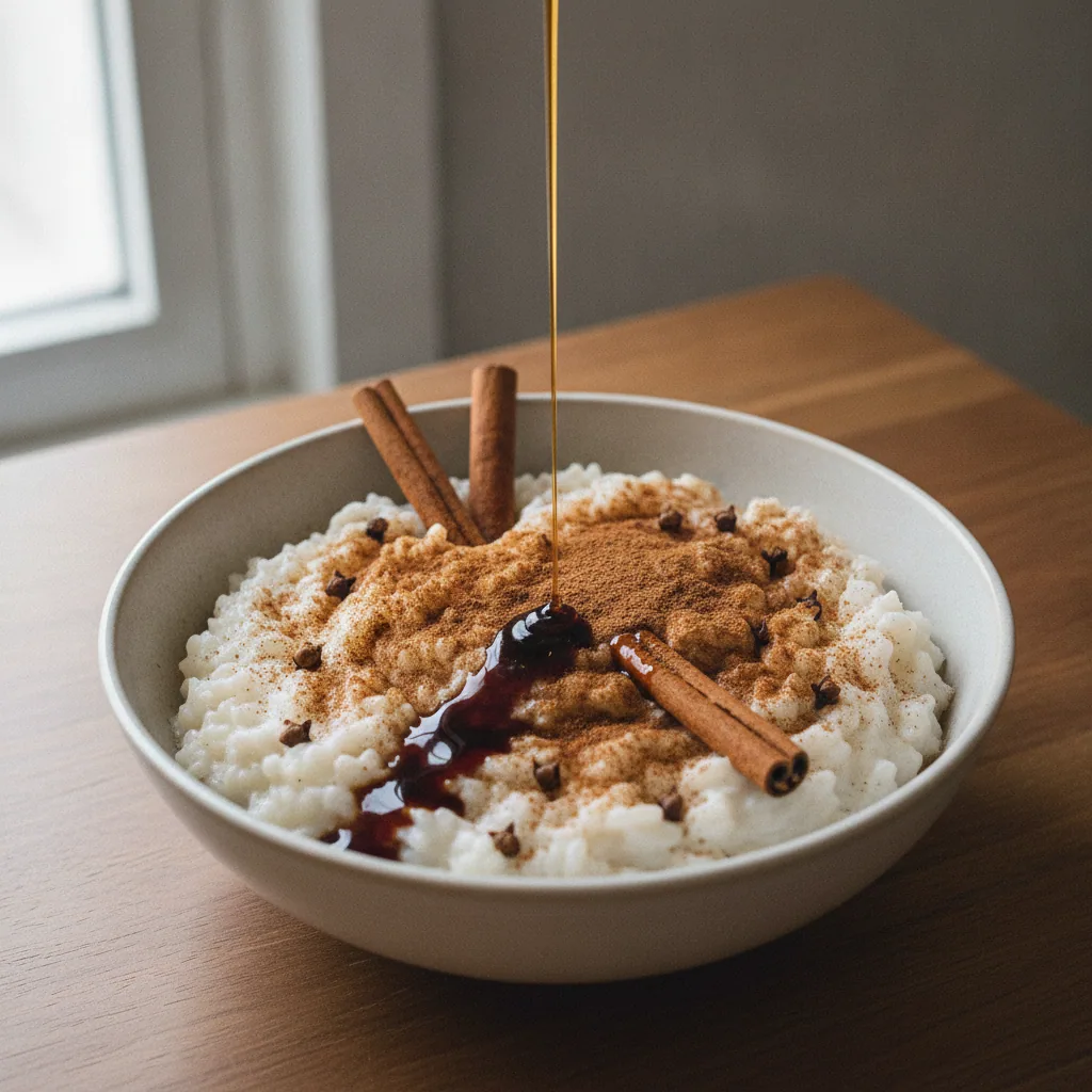 Arroz-doce cremoso de leite de coco com cravo