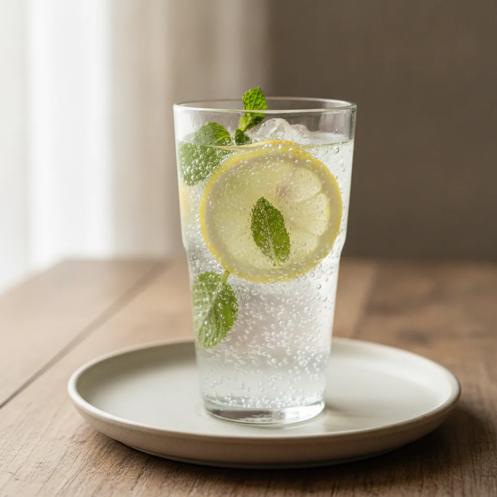 Refresco de limão com hortelã e água com gás