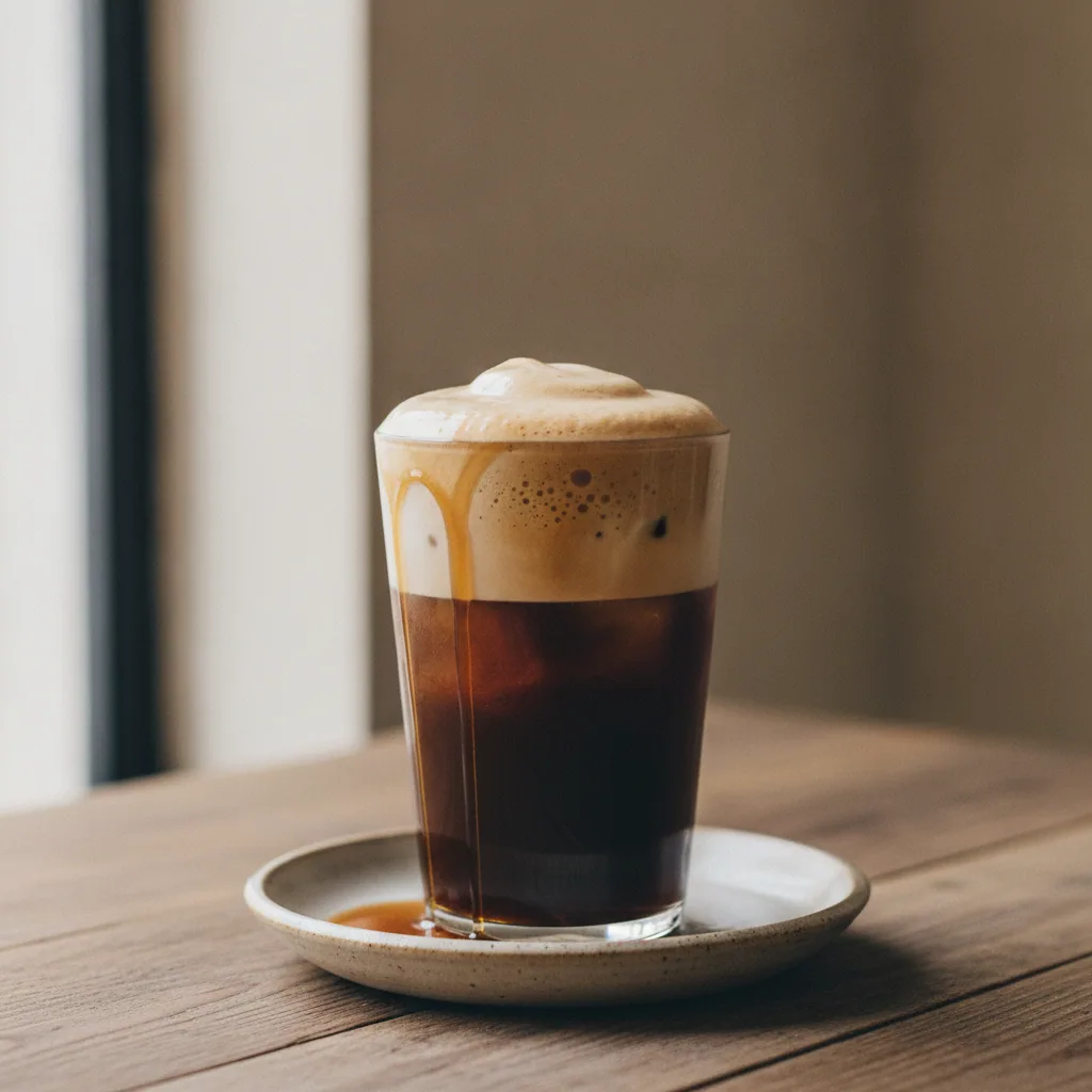 Café gelado cremoso com espuma de leite de aveia