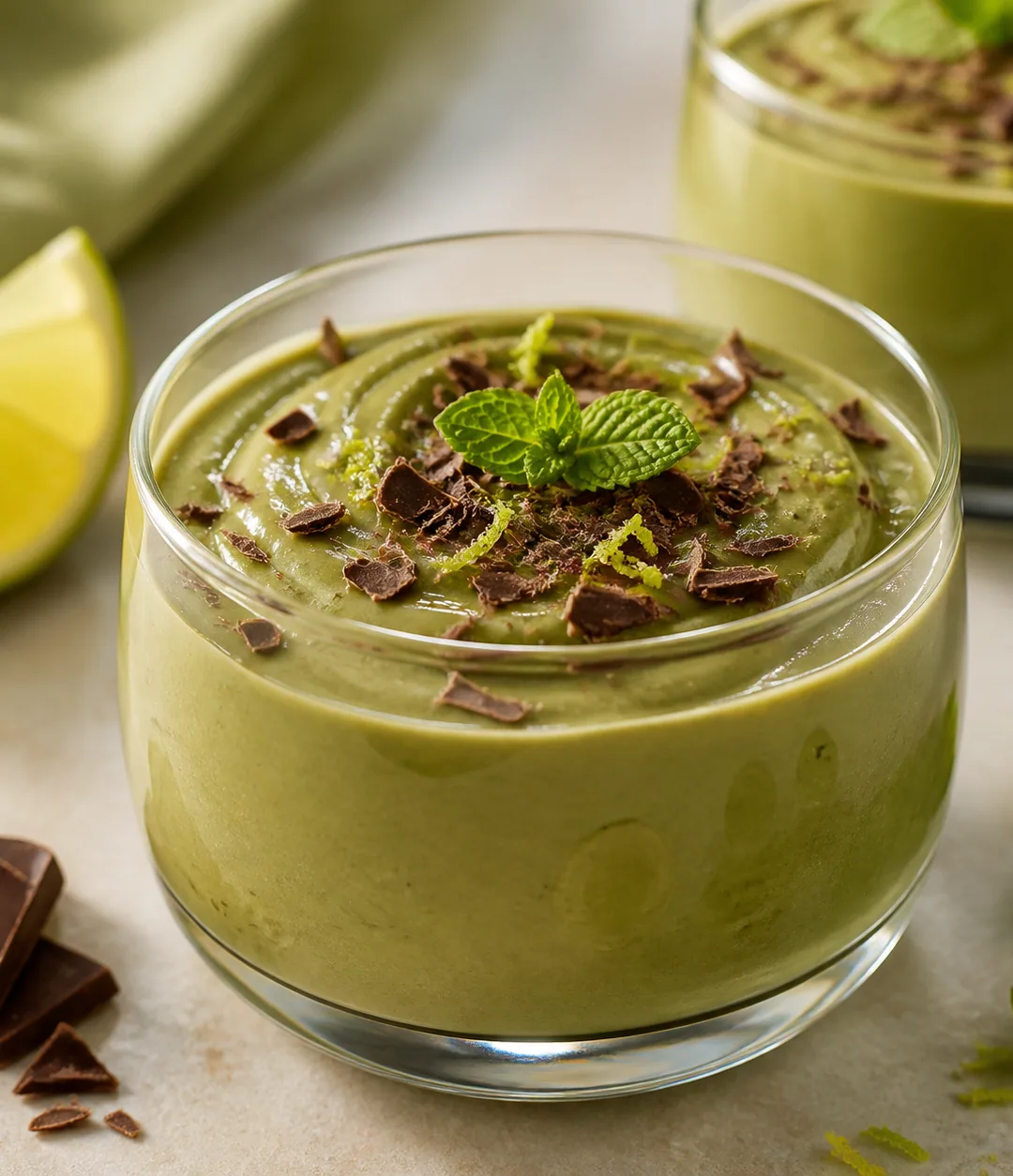 Mousse de abacate com limão e raspas de chocolate