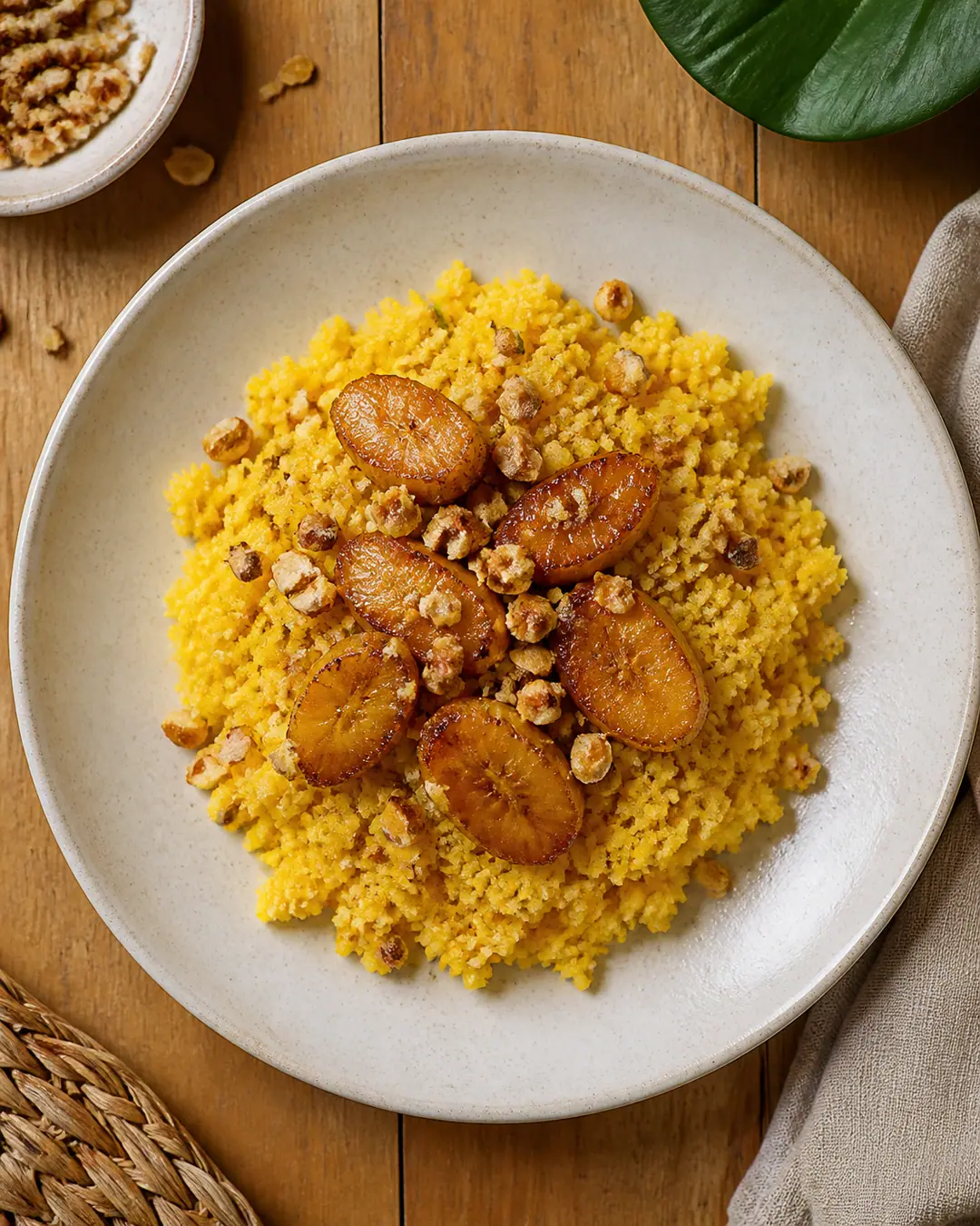 Cuscuz de milho com banana-da-terra e castanha