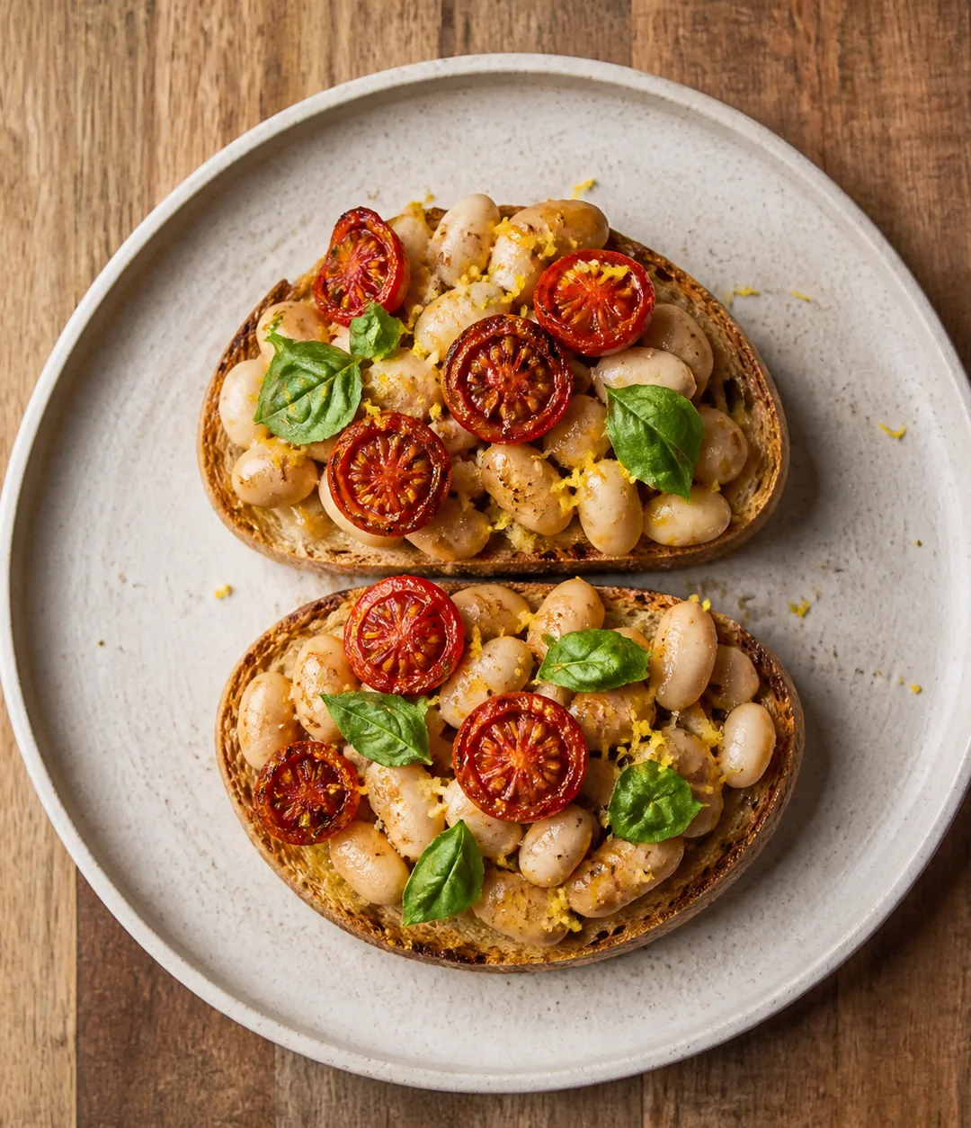 Tostada de feijão-branco, tomate assado e ervas