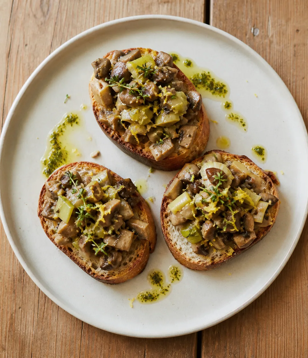 Crostini de cogumelos, alho-poró e limão