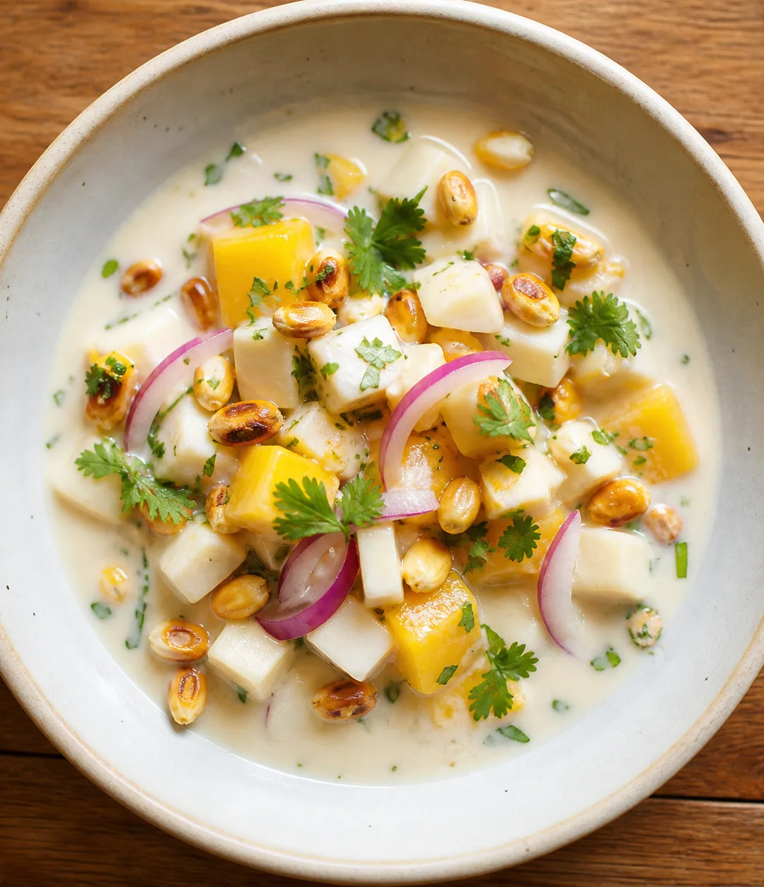 Ceviche de palmito, manga e leite de tigre de coco