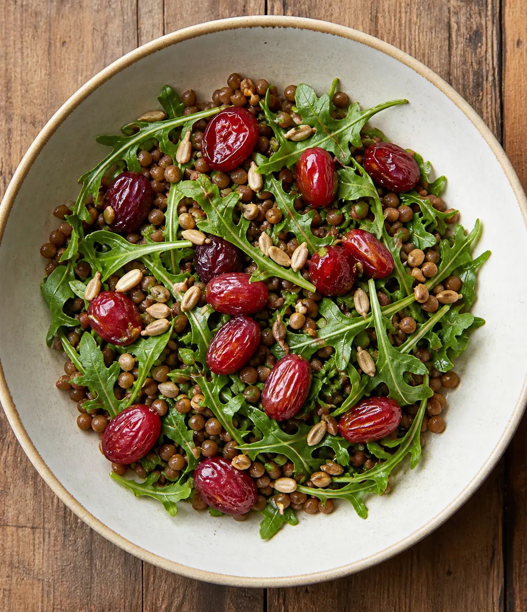 Salada morna de lentilha, uva assada e rúcula