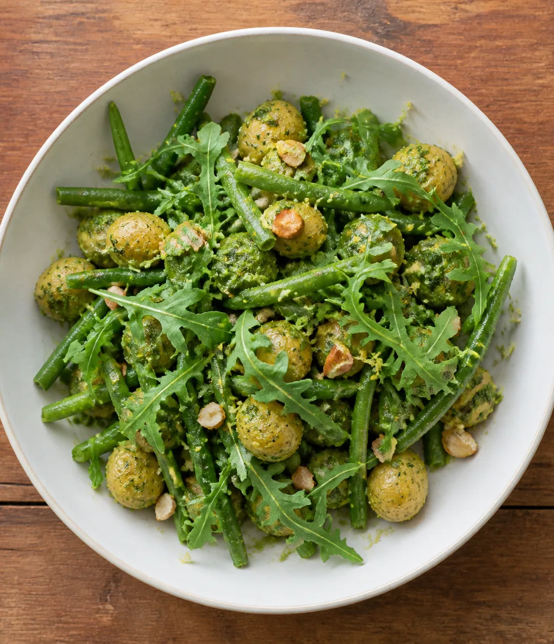 Batata bolinha, vagem e pesto de rúcula