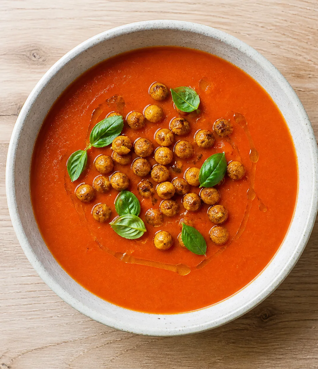 Caldo de tomate defumado com grão-de-bico crocante