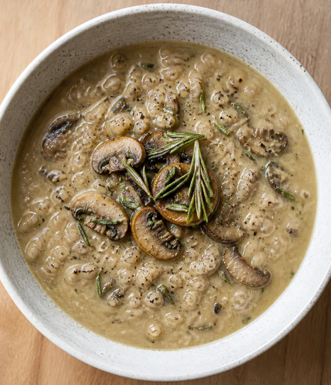 Sopa de cogumelos, cevada e alecrim
