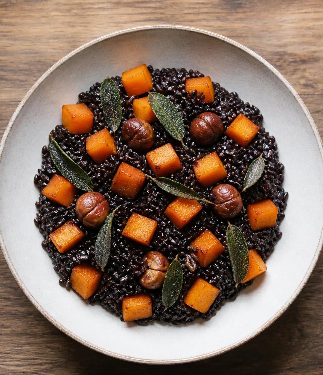 Arroz negro com abóbora, sálvia e castanha