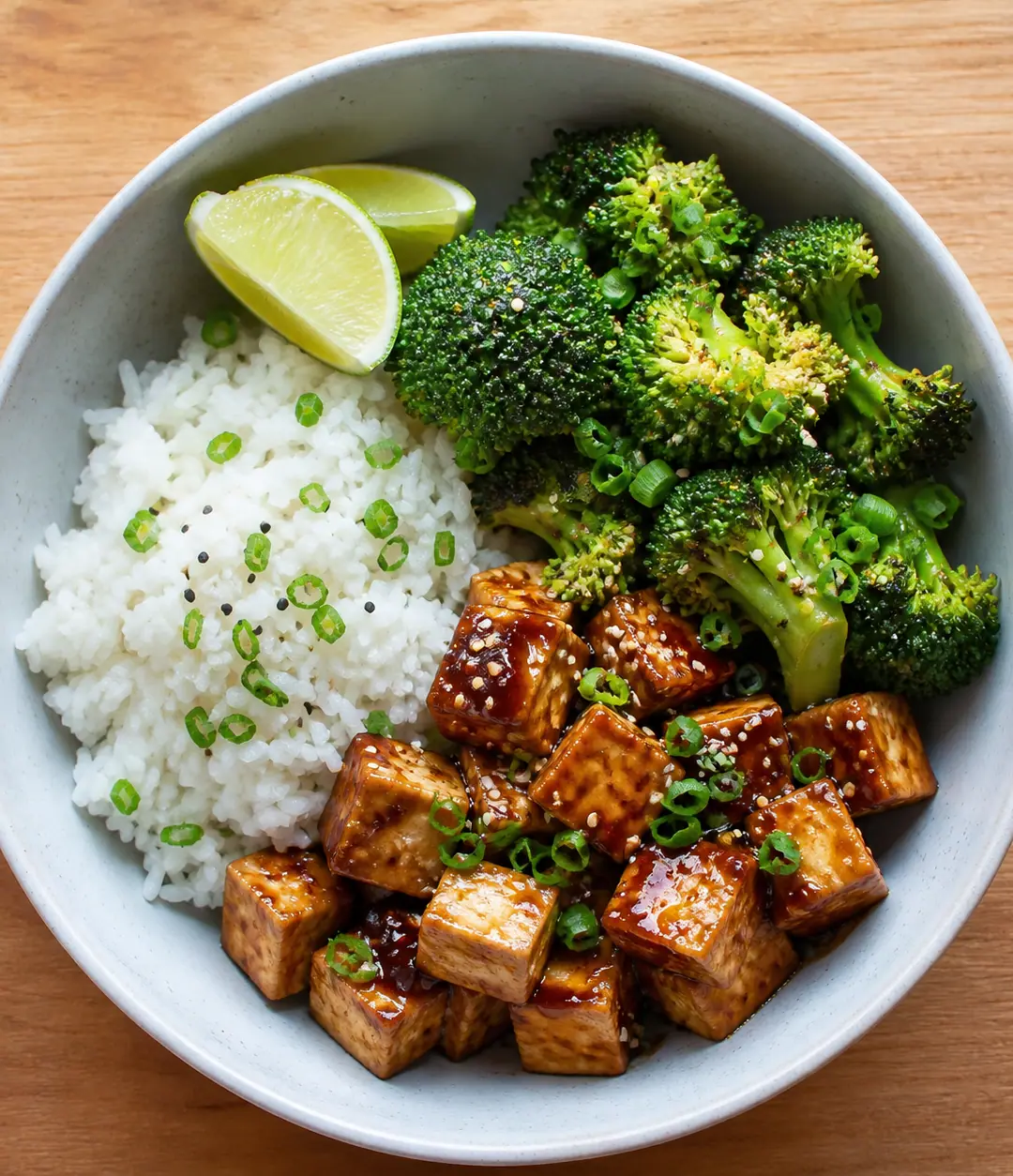 Tofu laqueado com brócolis e arroz de coco
