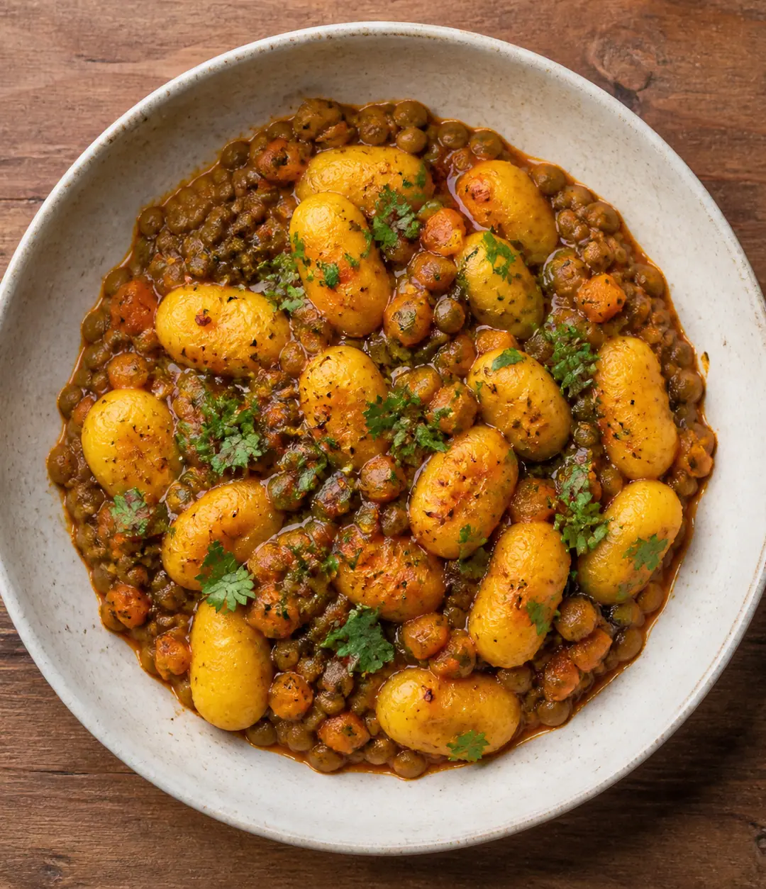 Nhoque de mandioquinha com ragu de lentilha