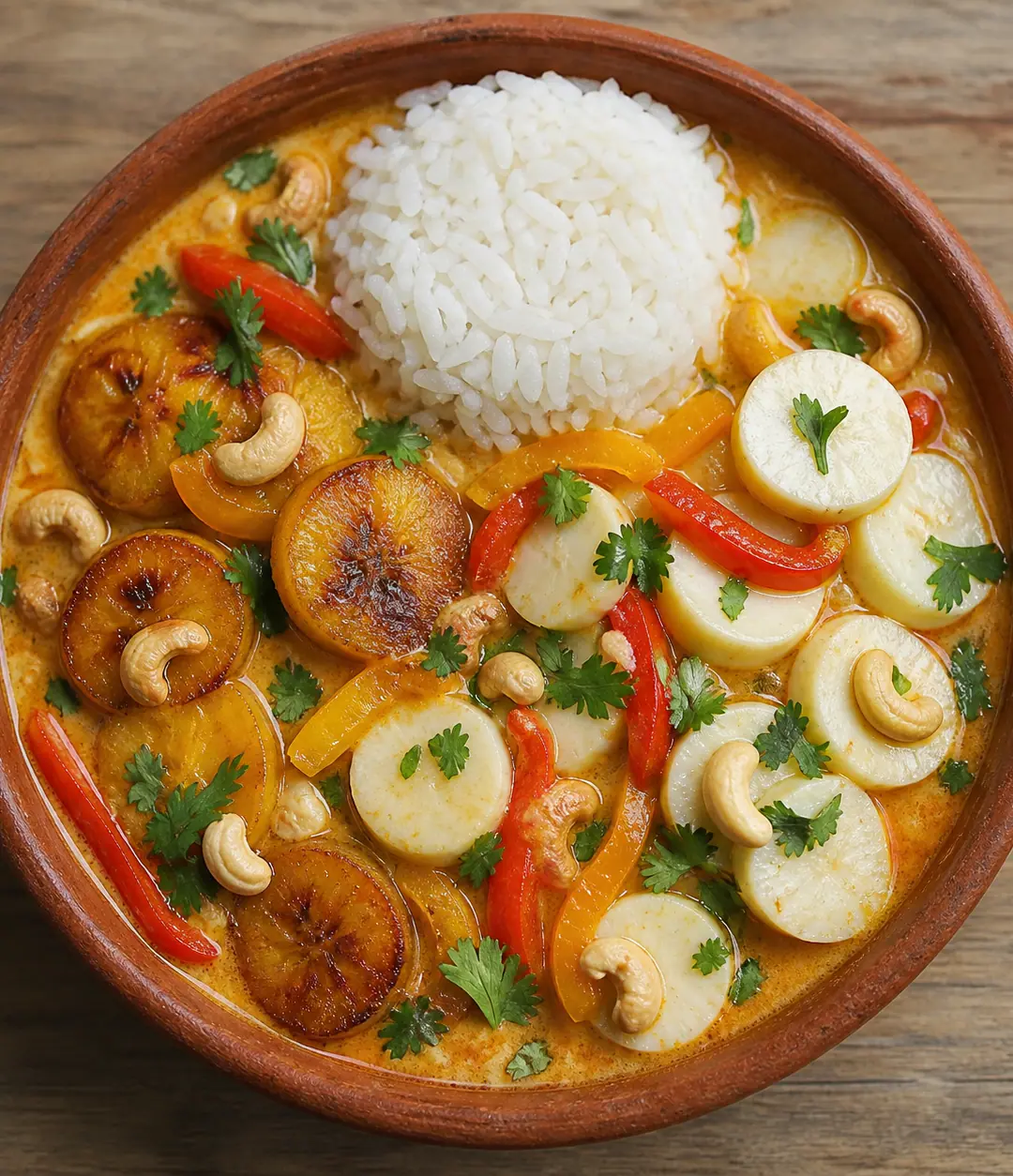 Moqueca de banana-da-terra, palmito e pimentões
